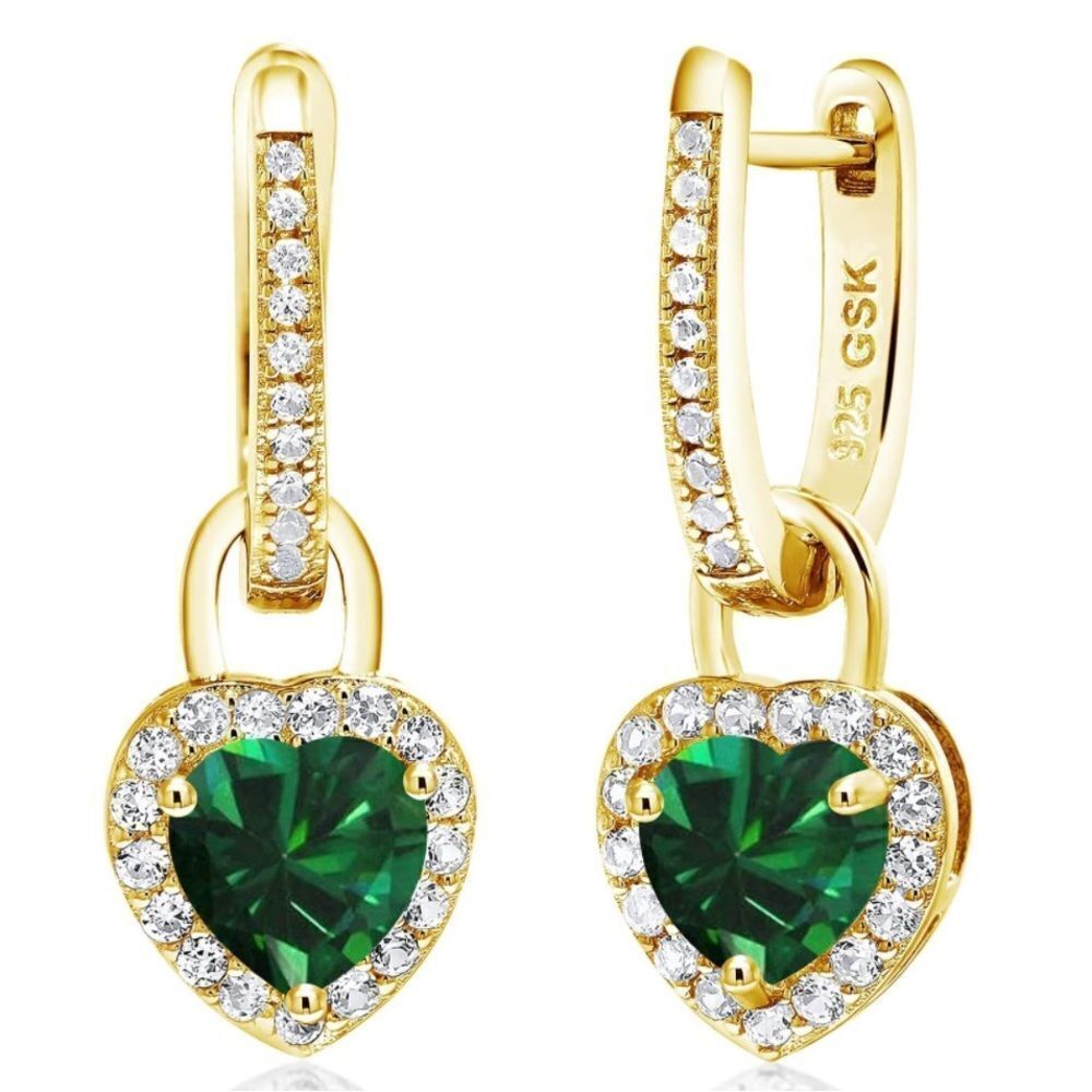 18K Yellow Gold 925 with 1.90 Cttw Emeraldβand White Sapphire Heart Earrings